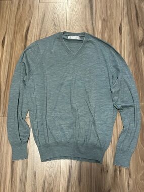 Brunello Cucinelli Light Gray Blue Green V-Neck Wool Cashmere Sweater